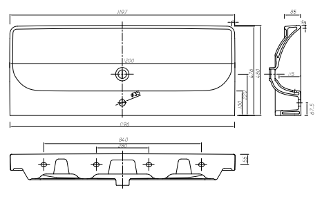 Умывальник подвесной в ванную 1197мм x 480мм KOLO TRAFFIC белый прямоугольная L91120000