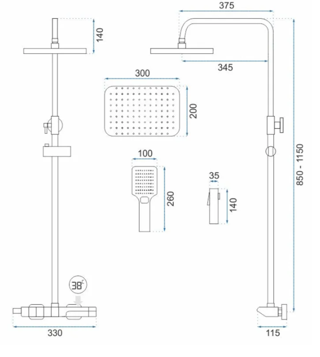 Душевая система с термостатом REA ROB с верхним душем и изливом латунная черная REA-P6627