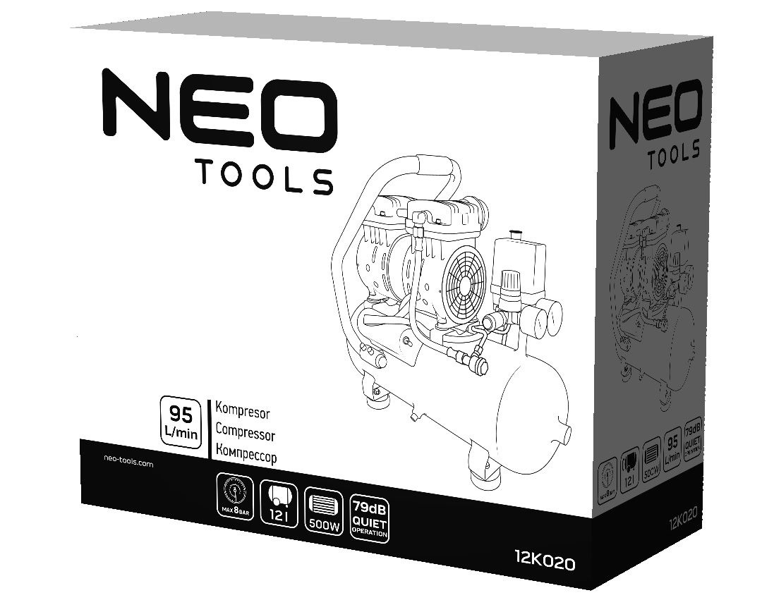 Компресор повітряний Neo Tools, безолійний, 500Вт, 12л, 95л/хв, 8бар, 2-х поршневий, IP20