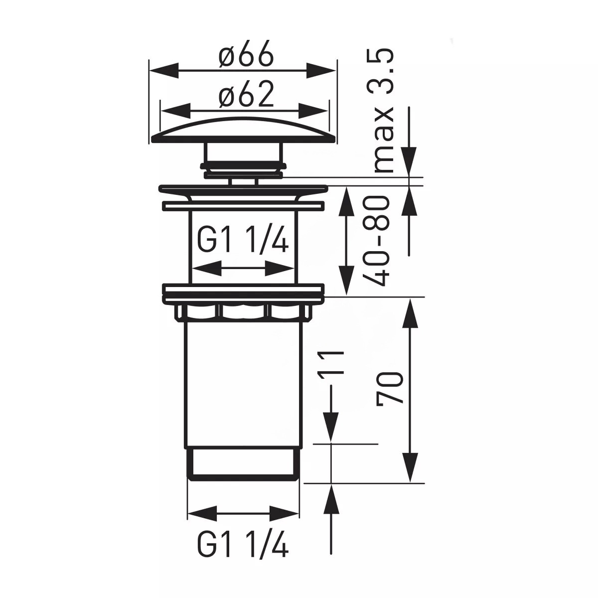 Донный клапан нажимной для раковины FERRO Rotondo 66мм без перелива латунь 1 1/4" глянцевый хром S285-WBP