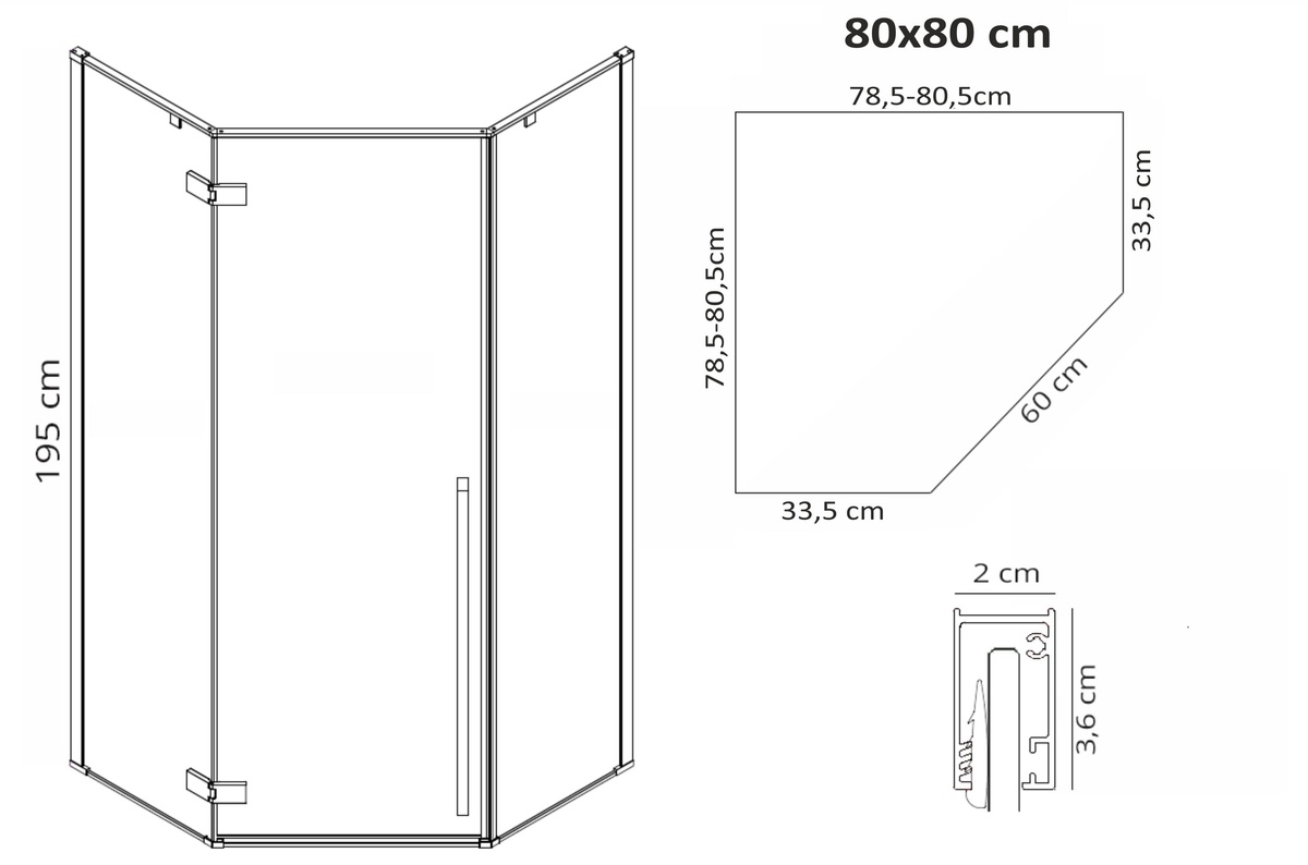 Кабина для душа пятиугольная угловая без поддона REA DIAMOND 80x80x195см прозрачное стекло 6мм профиль черный REA-K6900