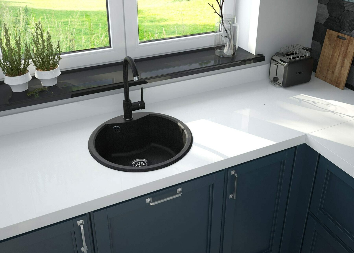 Мийка для кухні гранітна кругла DEANTE Solis&Nemezja 480x480x194мм із сифоном із комплектом сіра ZRSB2803