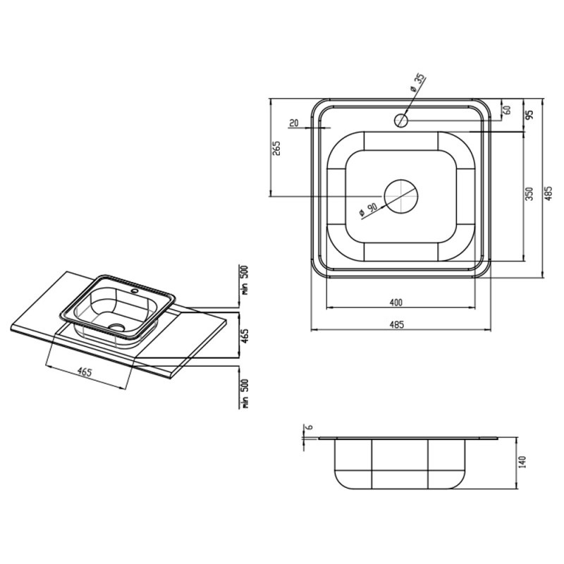 Мийка для кухні із нержавіючої сталі квадратна KRONER KRP 480x480x160мм матова 0.6мм із сифоном CV022759