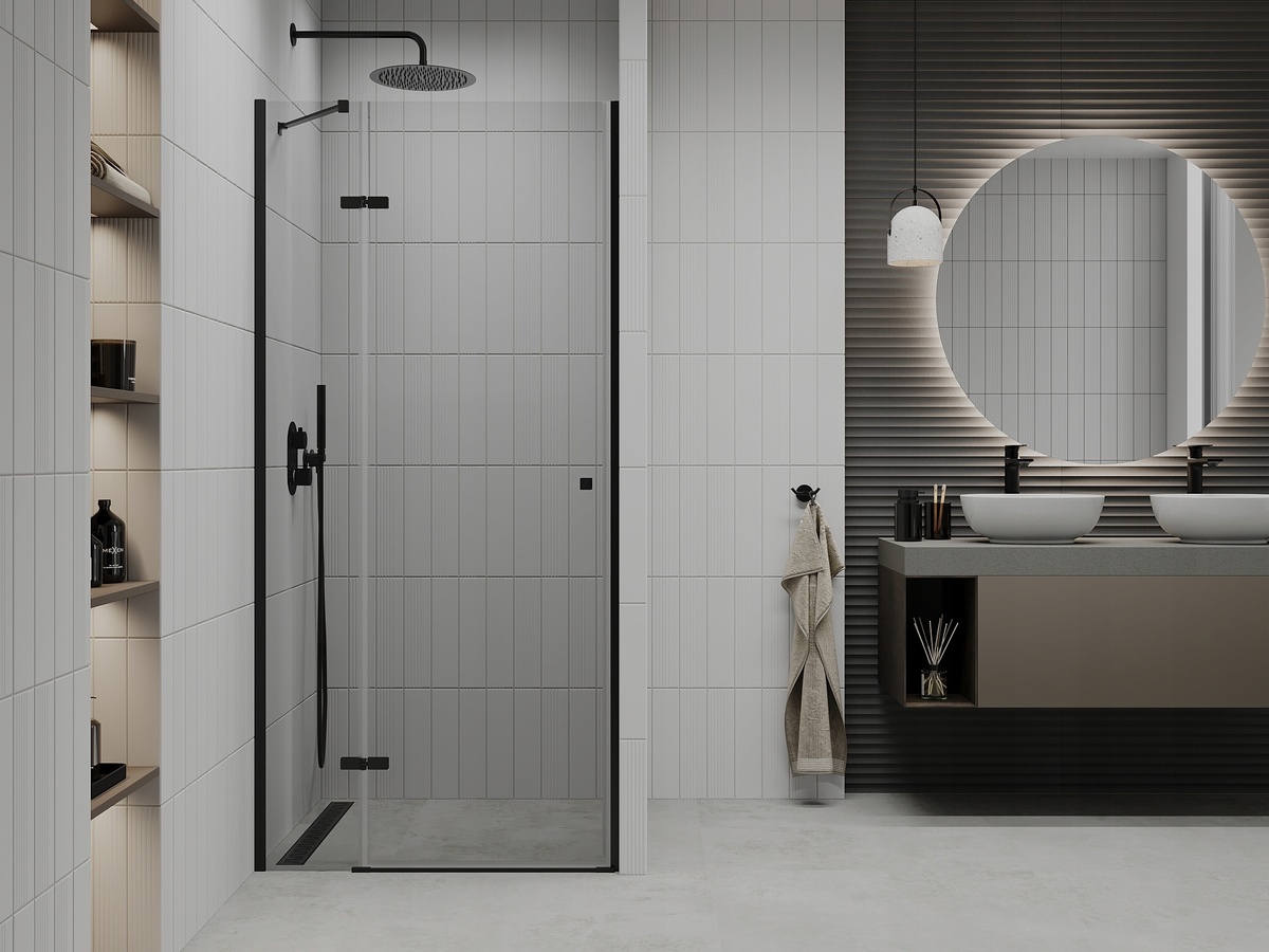 Двері для душової ніші MEXEN Roma скляні універсальні розпашні двосекційні 190x90см прозорі 6мм профіль чорний MEX-854-090-000-70-00