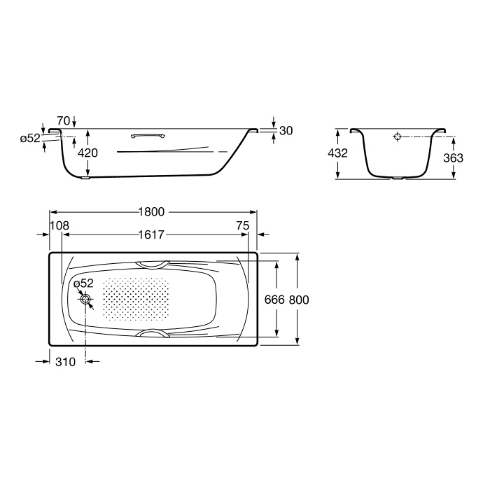 Ванна стальная металлическая прямоугольная ROCA SWING 180см x 80см оборачиваемая c ручками с ножками A220070001+A291030000