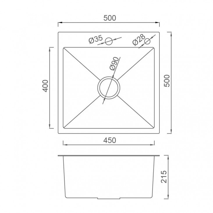 Мийка для кухні із нержавіючої сталі квадратна GAPPO 500x500x215мм матова 1мм із сифоном SQ-1045119