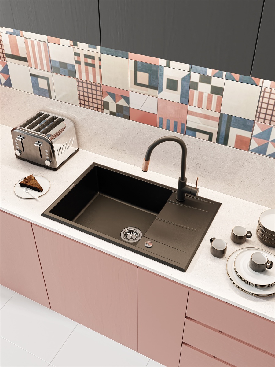 Мийка для кухні гранітна прямокутна DEANTE Eridan 780x500x210мм із сифоном чорна ZQE_N11B