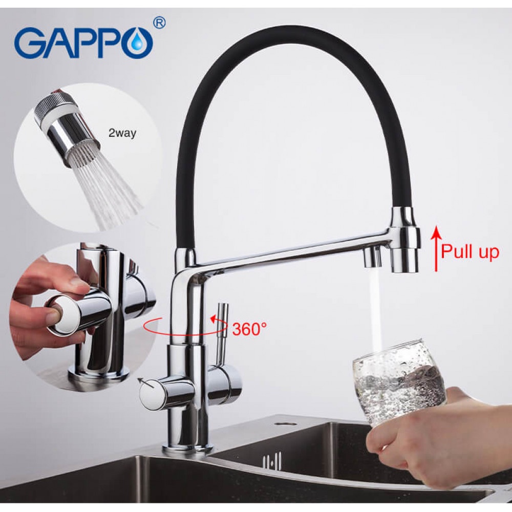 Cмеситель для кухни с гибким изливом, краном для фильтрованной воды и двухрежимным аэратором GAPPO черный/хром латунь G4398-7