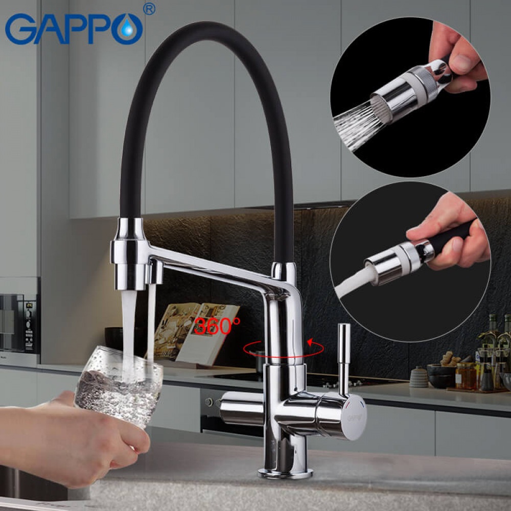 Змішувач на кухню з гнучким виливом, краном для фільтрованої води та дворежимним аератором GAPPO чорний/хром латунь G4398-7