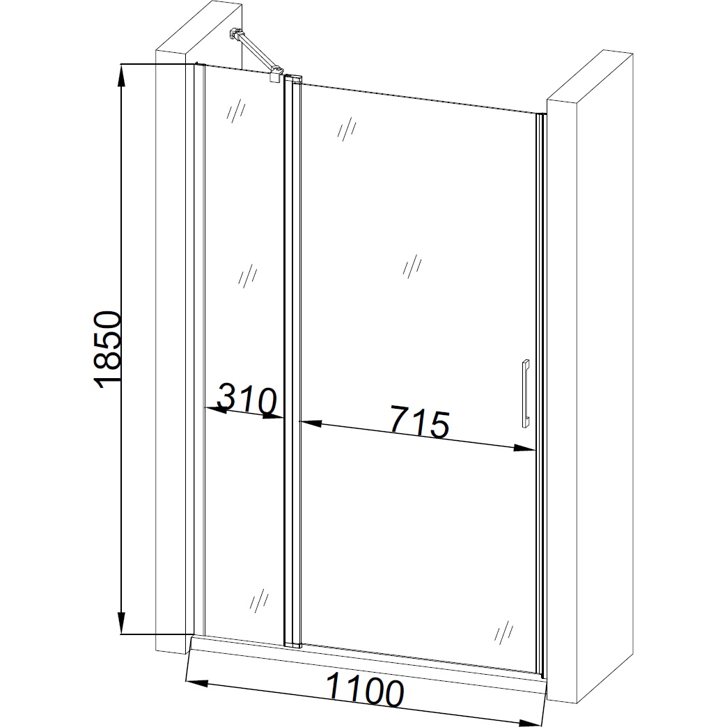 Дверь для душевой ниши BRAVO PASLENKA стеклянная универсальная распашная двухсекционная 185x110см прозрачная 6мм профиль хром 000019810