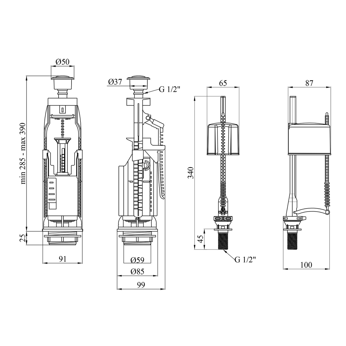 Комплект арматуры для бачка унитаза KRONER KRP-KIT7757 подключение 1/2" нижний подвод воды CV032086