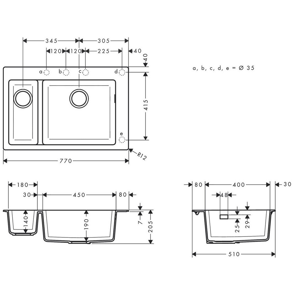 Мойка для кухни гранитная прямоугольная HANSGROHE S51 770x510x205мм без сифона на полторы чаши серая 43315290