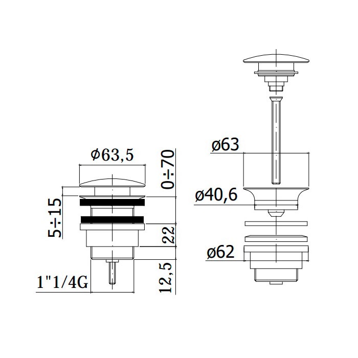 Донний клапан натискний для раковини PAFFONI мм із переливом метал 1 1/4" матований золотий ZSCA050HGSP