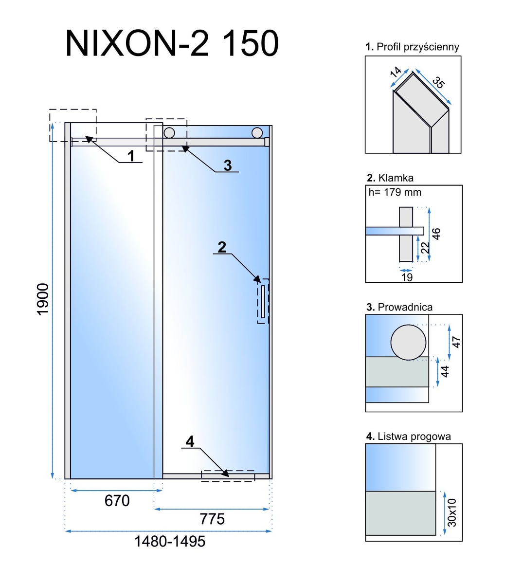 Дверь стеклянная для душевой ниши раздвижная двухсекционная REA NIXON-2 150x190см прозрачное стекло 8мм профиль хром REA-K5008