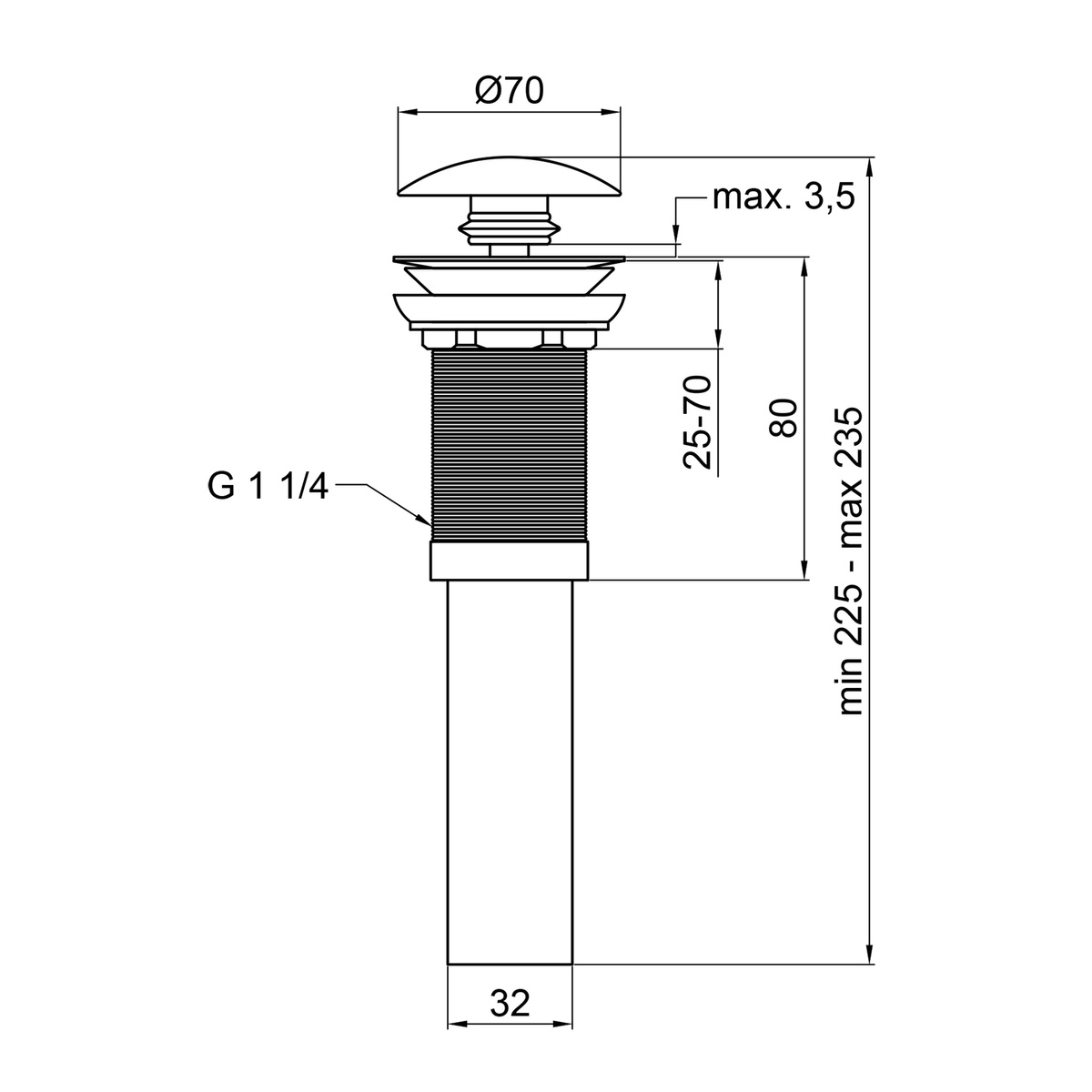 Донный клапан Click-Clack для раковины Q-TAP 70мм без перелива керамический 1 1/4" матовый черный QT066PU03MB