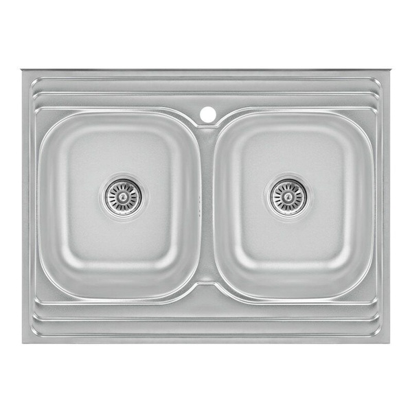 Мийка на кухню сталева прямокутна накладна LIDZ 600мм x 800мм матова 0.8мм на дві чаші із сифоном LIDZ6080DBSAT8