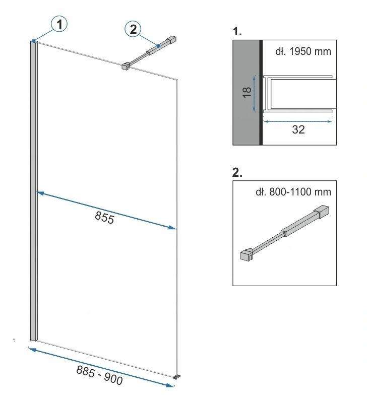 Стінка скляна для душу із тримачем та поличкою 195x90см REA AERO скло прозоре 8мм REA-K7581 + HOM-00652