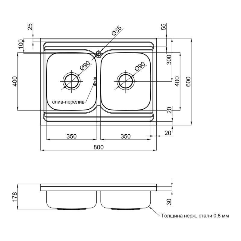 Мойка на кухню нержавейка прямоугольная накладная LIDZ 600мм x 800мм матовая 0.8мм на две чаши с сифоном LIDZ6080DBSAT8