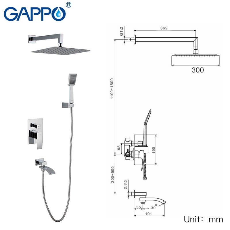 Душевая система скрытого монтажа GAPPO с верхним душем и изливом латунная хром G7107