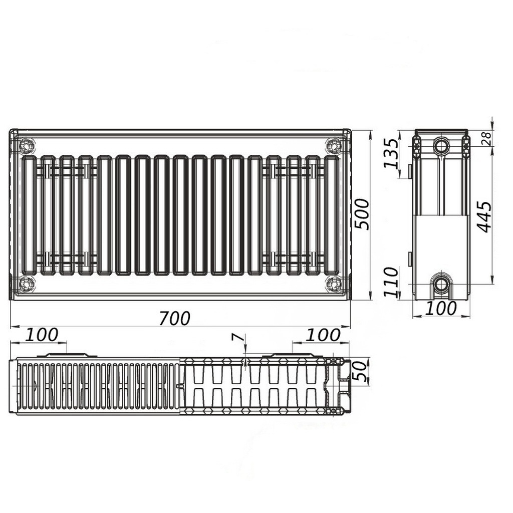 Стальной панельный радиатор отопления KALITE 500x700 мм боковое подключение класс 22 000022317