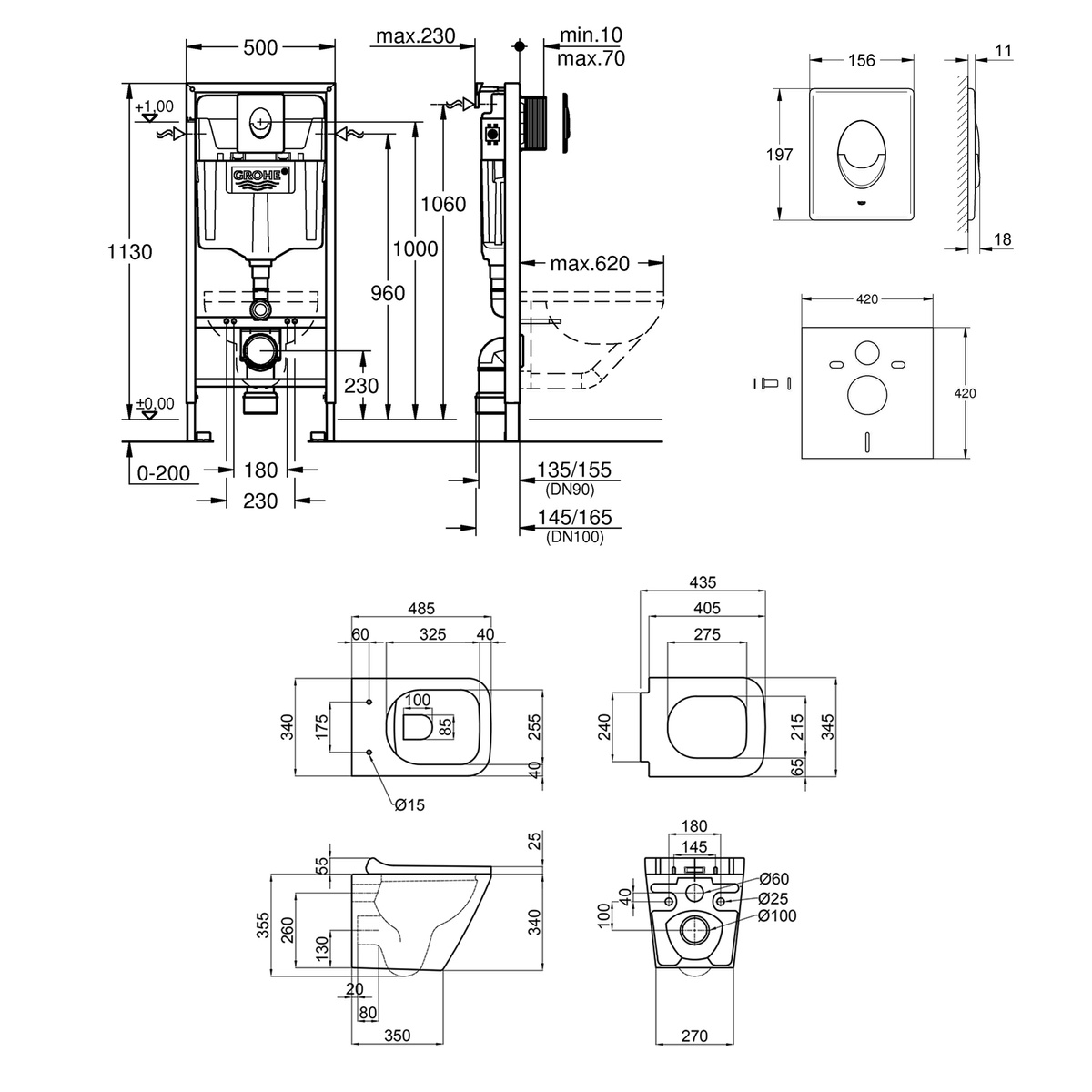 Комплект инсталляции GROHE Rapid SL кнопка хром безободковый унитаз Q-TAP с крышкой микролифт дюропласт 38721001QT1733052ERW