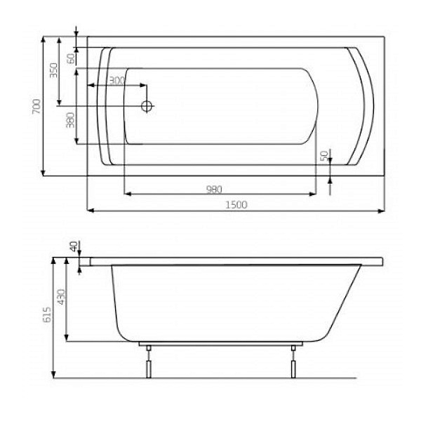 Ванна акриловая прямоугольная ROCA LINEA 150см x 70см оборачиваемая с ножками A24T010000