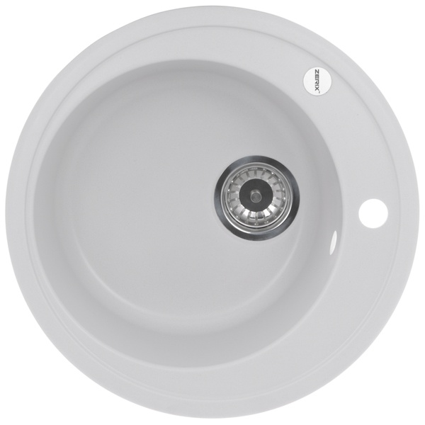Мийка для кухні гранітна кругла ZERIX ZS-510R-01 510x510x200мм із сифоном біла ZX4531