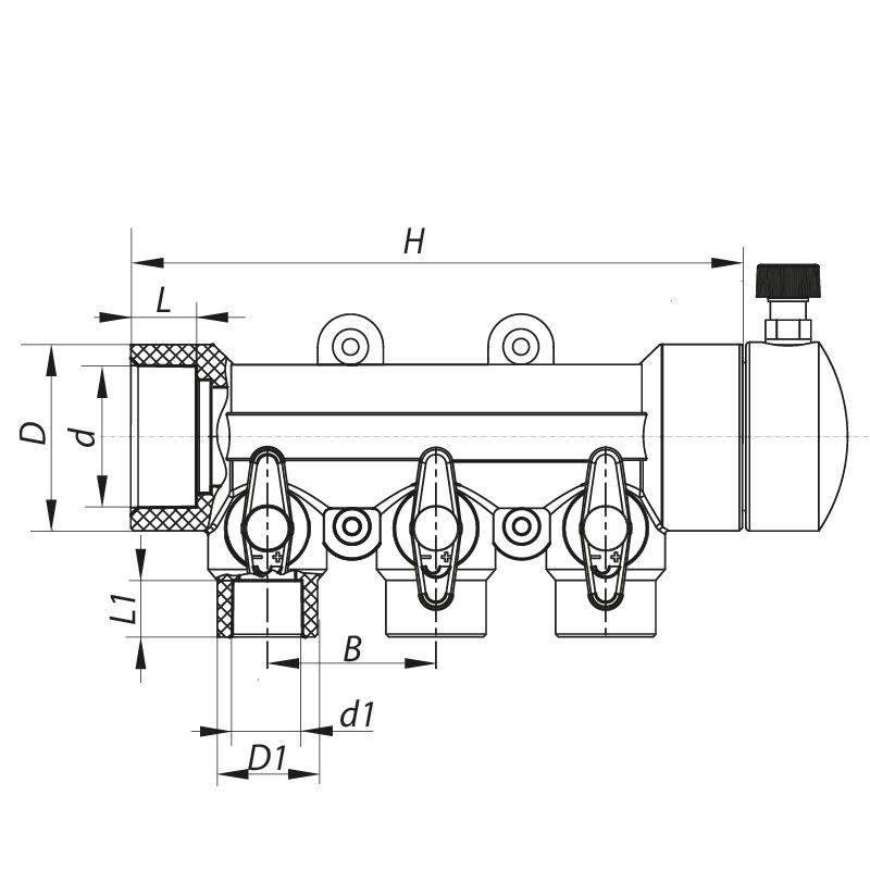 Колектор для водопроводу KOER 3 контури 40 мм/20 мм K0170.PRO KP0220
