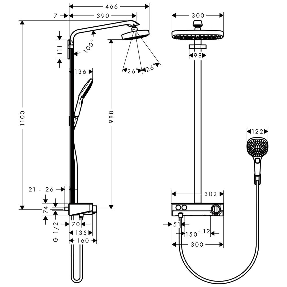 Душевая система с термостатом HANSGROHE Raindance Select E Showerpipe с верхним душем латунная белая 27126400