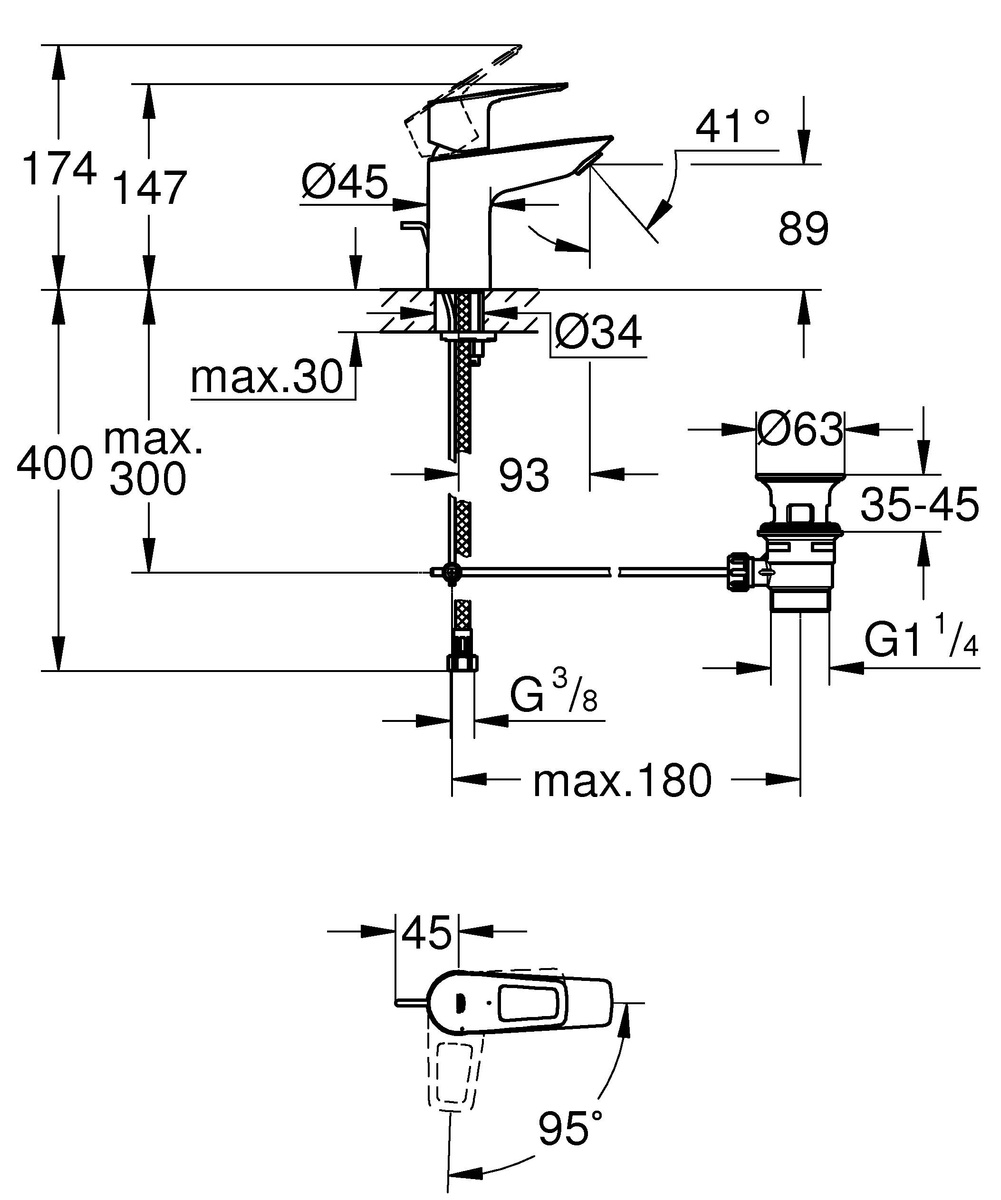 Змішувач для умивальника одноважільний GROHE BauLoop хром латунь з донним клапаном 22054001