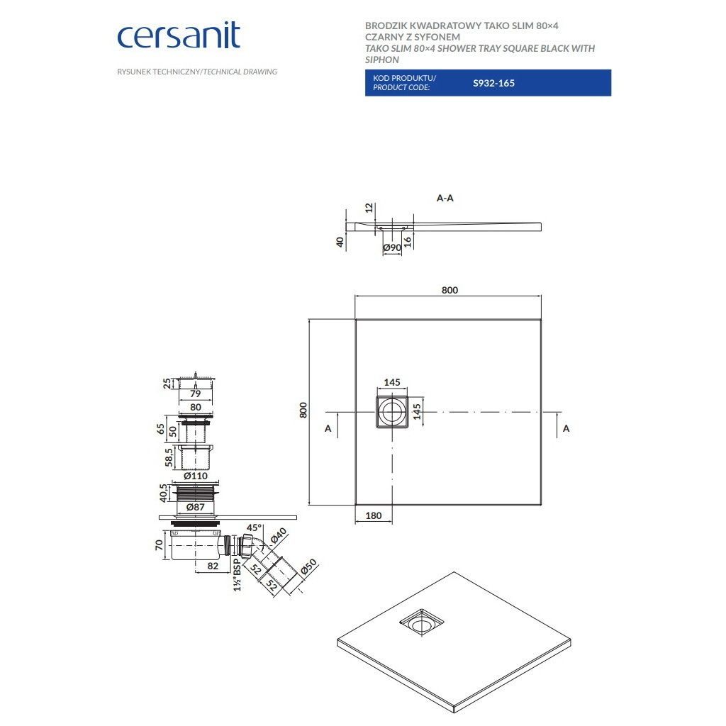 Піддон для душової кабіни CERSANIT Тако Slim 80x80x4см квадратний акрил із сифоном чорний S932-165