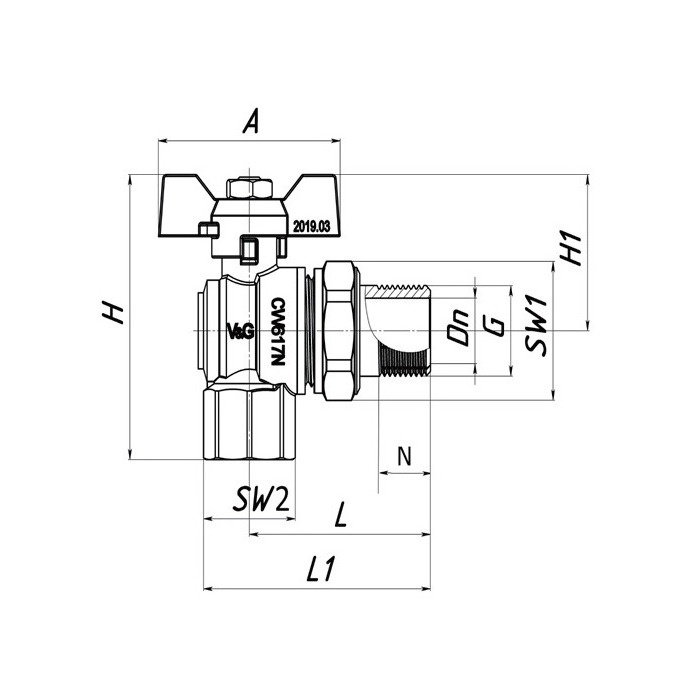 Кран кульовий V&G VALOGIN Optima 3/4" вн-зв з американкою кутовий PN25бар SQ-1040185