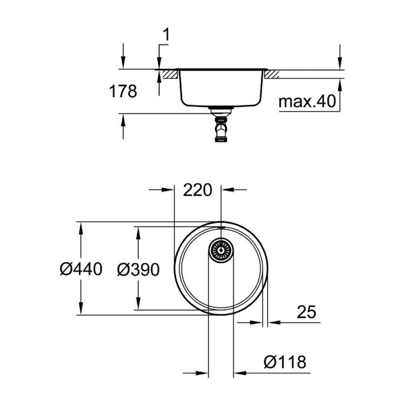 Кухонная мойка металлическая круглая GROHE 440мм x 440мм матовая 1мм с сифоном 31720SD0