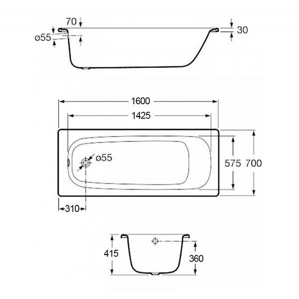 Ванна стальная металлическая прямоугольная ROCA CONTESA 160см x 70см оборачиваемая с ножками A235960000+A291021000