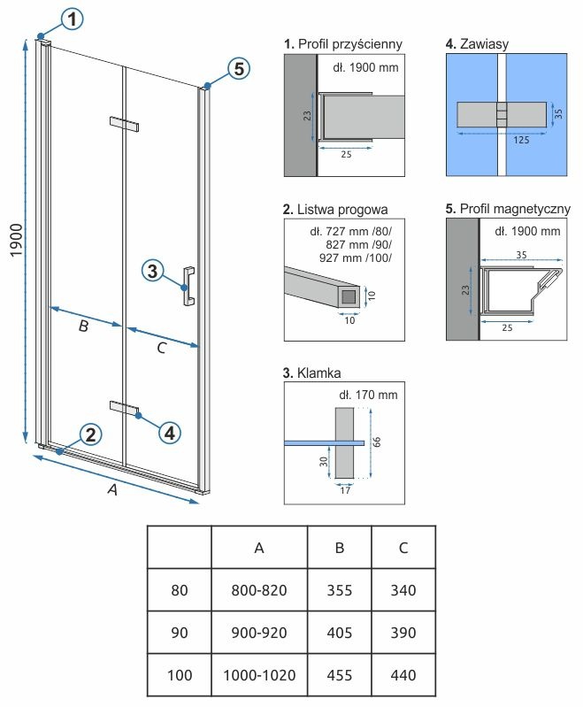 Двері скляні для душової ніші універсальні складні двосекційні REA MOLIER 190x100см прозоре скло 6мм профіль хром REA-K6371