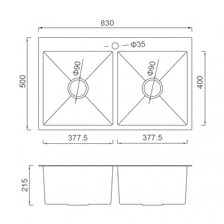 Мойка для кухни из нержавеющей стали прямоугольная GAPPO 830x500x215мм матовая 1мм черная на две чаши с сифоном SQ-1045128