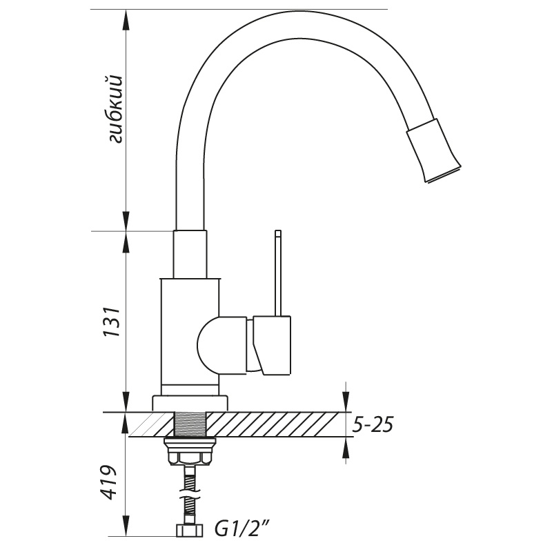 Змішувач кухонний однозахватний з гнучким виливом ZERIX LR74004-9 сірий силумін LL1204