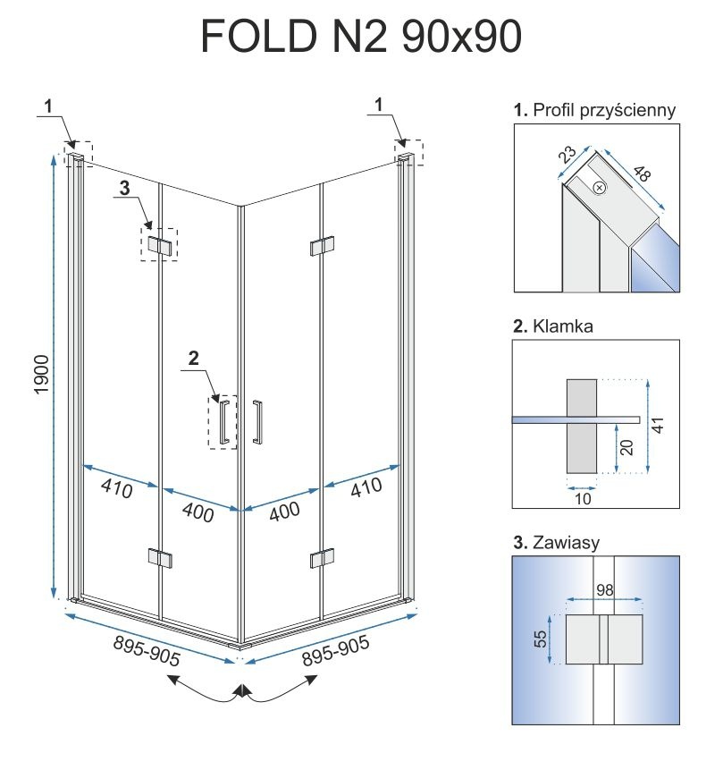 Кабина для душа REA квадратная двухдверная без поддона FOLD N2 90x90x190см прозрачный витраж 6мм профиль хром REA-K9991