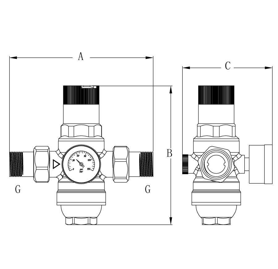 Редуктор тиску води KOER KR.1243 поршневой 3/4" для холодної води з манометром KR3191