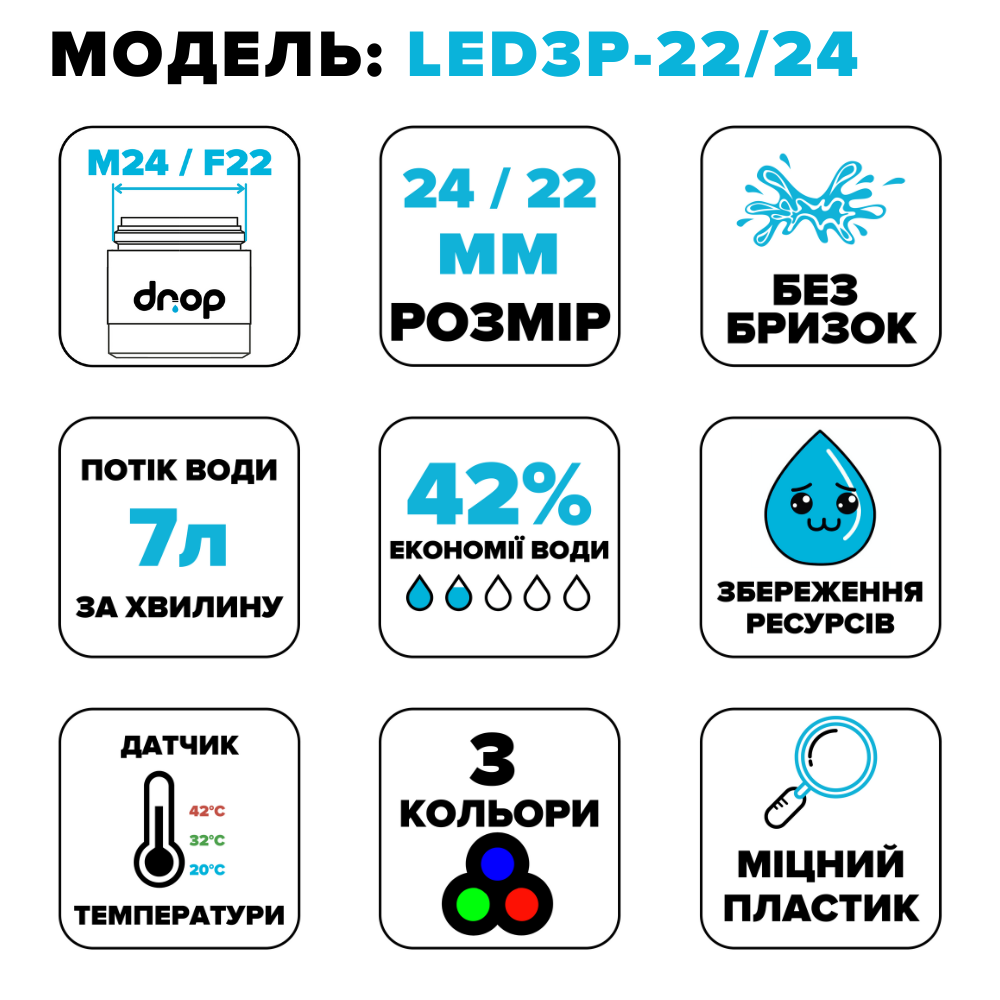 Водосберегающий LED аэратор c подсветкой DROP LED3P-22/24 в кран 3 COLOR, расход 7л/мин, 22/24мм