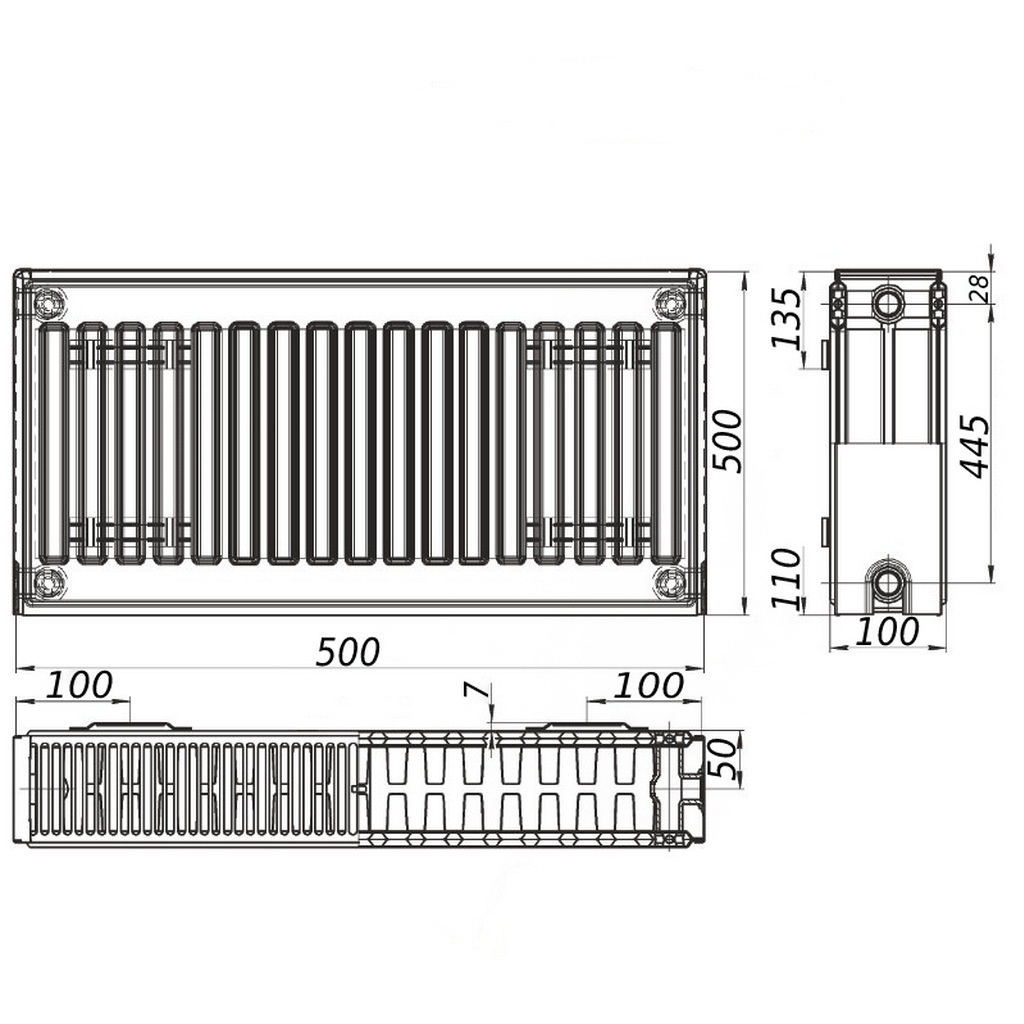 Стальной панельный радиатор отопления KALITE 500x500 мм боковое подключение класс 22 000022315