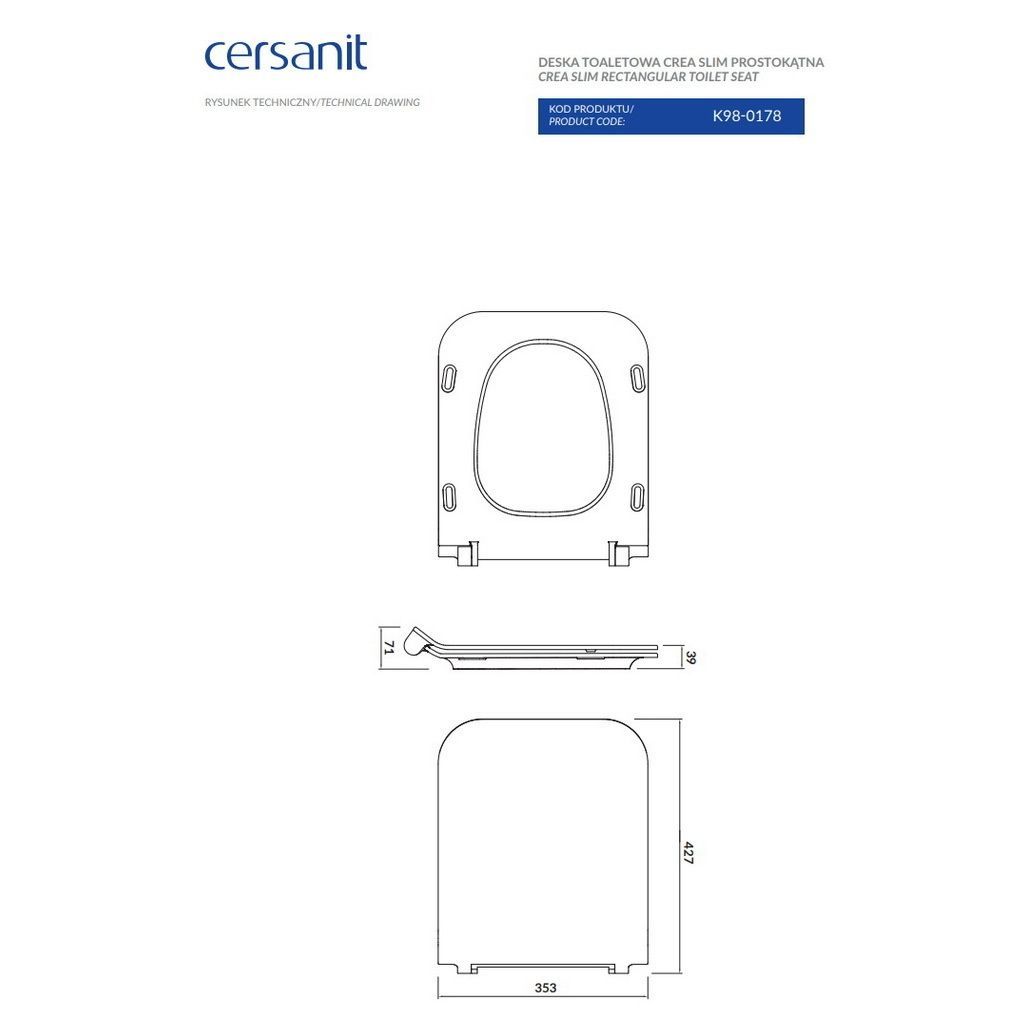 Сиденье для унитаза CERSANIT Crea Slim с микролифтом дюропласт 353x427мм быстросъемное 155мм между креплениями белое K98-0178
