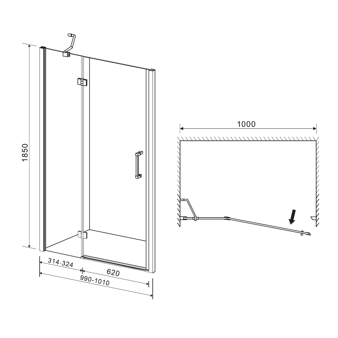 Дверь для душевой ниши EGER стеклянная универсальная распашная двухсекционная 185x100см прозрачная 6мм профиль хром 599-701(h)