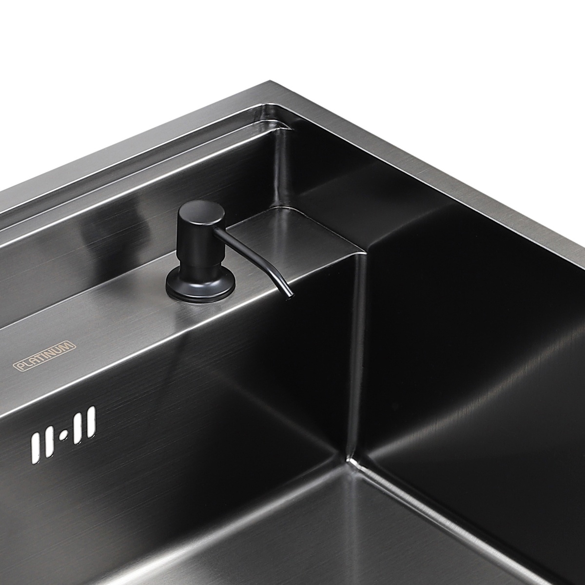 Мийка для кухні із нержавіючої сталі квадратна PLATINUM Handmade PVD 500x500x220мм матова 1.5мм чорна із сифоном, змішувачем та дозатором у комплекті PLS-A32519