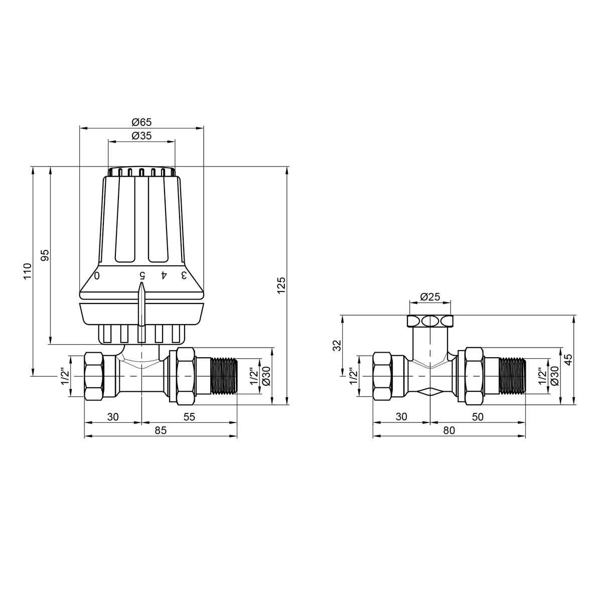 Термокомплект для радіатора DANFOSS RAS-C+RA-FN+RLV-S прямий 1/2" з бічним підключенням 013G2229