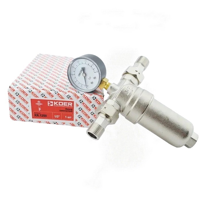 Фильтр самопромывной KOER KR.1250 для горячей воды 1/2" 1000 мкм с манометром KR2656