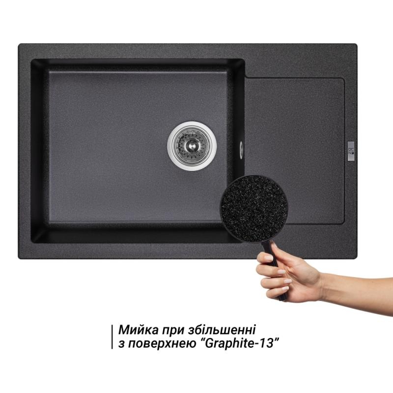 Раковина на кухню композитная прямоугольная LIDZ GRF-13 495мм x 775мм черный с сифоном LIDZGRF13781510200