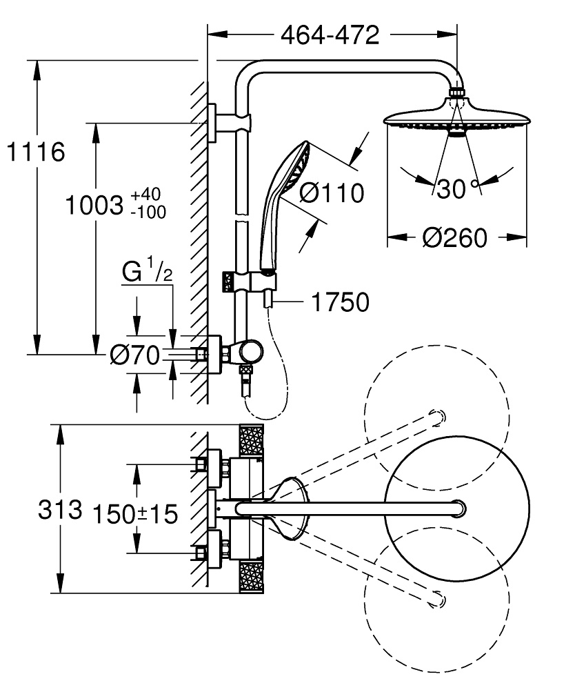 Душова система із термостатом GROHE Euphoria із верхнім душем латунна хром 27296003