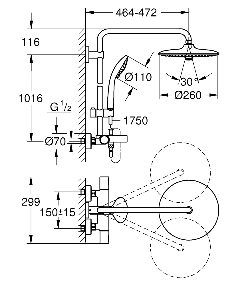 Душова система із термостатом GROHE Vitalio Joy System 180 із верхнім душем та виливом латунна хром 27860001