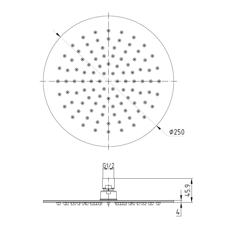 Потолочная круглая лейка для верхнего душа VOLLE SH 250мм хром латунь 16008101